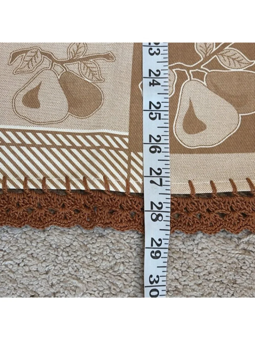 Vintage Table Cover Tablecloth Brown Pears Crochet Border Square 28X30